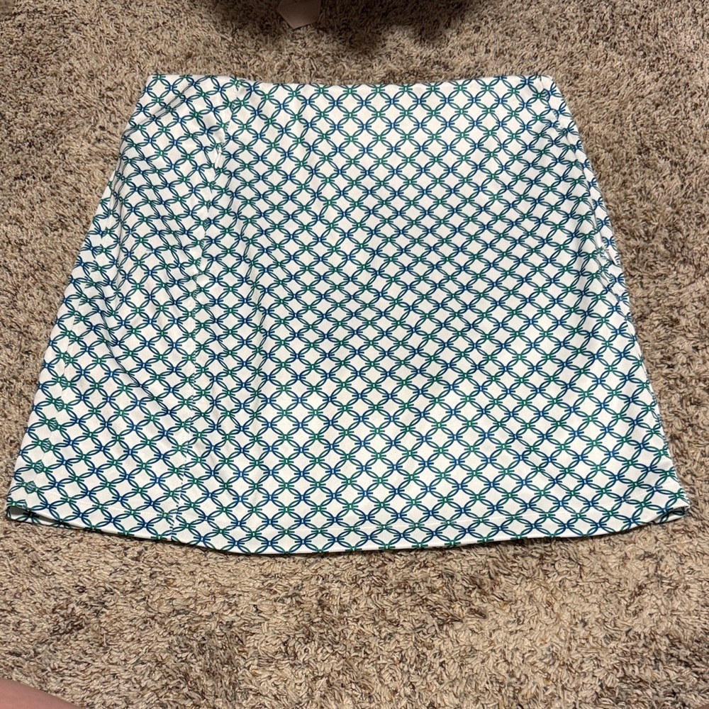 Tory Sport White A-Line Skirt with Teal Geometric Motif